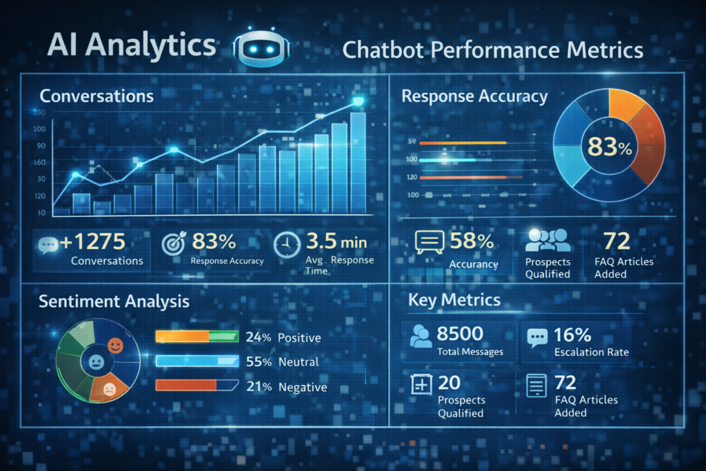 AI Chatbot Automation analytics dashboard showing performance metrics